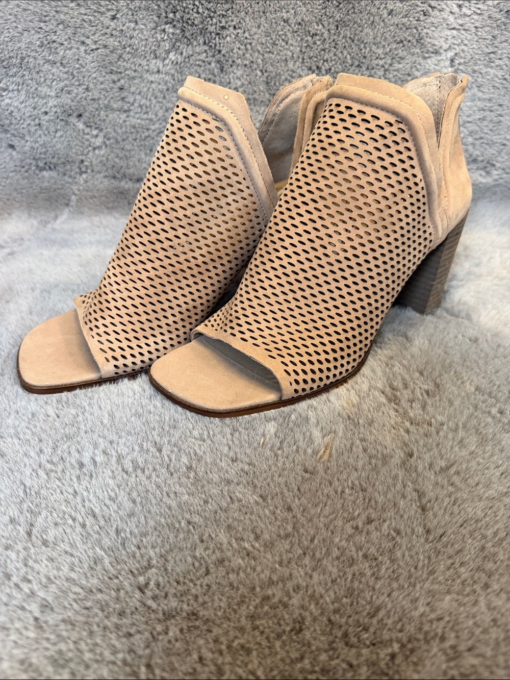 Vince Camuto Taupe Perforated Suede Peep-Toe Block Heel Booties